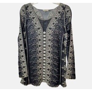 Capri Sheer Blouse Womens Small Black White Embroidery Lace Detail Boho-Chic
